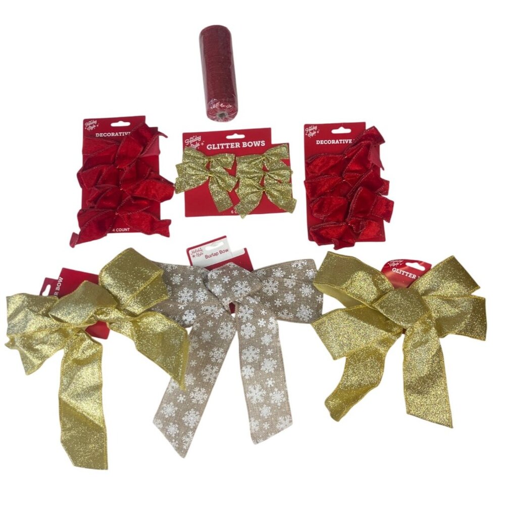 Holiday Style Decorative Bows & Mesh Set New Christmas